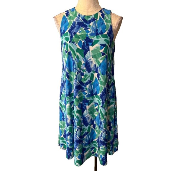 Ralph Lauren A Line Shift Dress 10 Blue Green White Stretch Washable Sleeveless - Picture 1 of 8